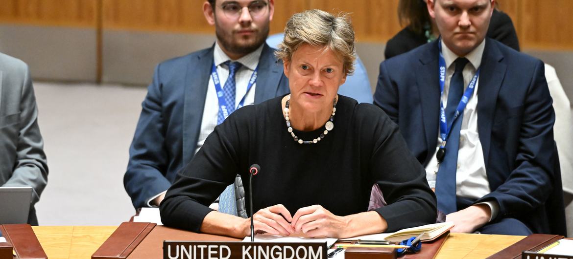 Ambassador Barbara Woodward of the United Kingdom addresses the Security Council meeting on threats to international peace and security.